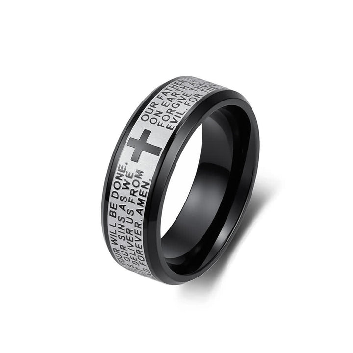 FREE Today: Deep Engraved Cross Lord’s Prayer Stainless Steel Wide Band Ring: Emblem of Abiding Heavenly Faith - Black Two-Tone - US 13 - image 12