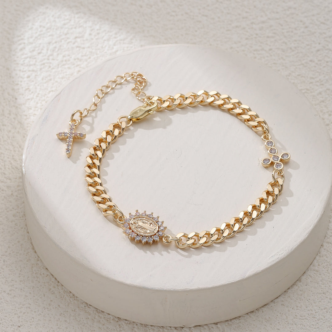 Christianartworkshop Dainty Cross Accent Portrait Cuban Bracelet: Meaningful Sacred Wrist Accessory - Oval Sunburst - image 4