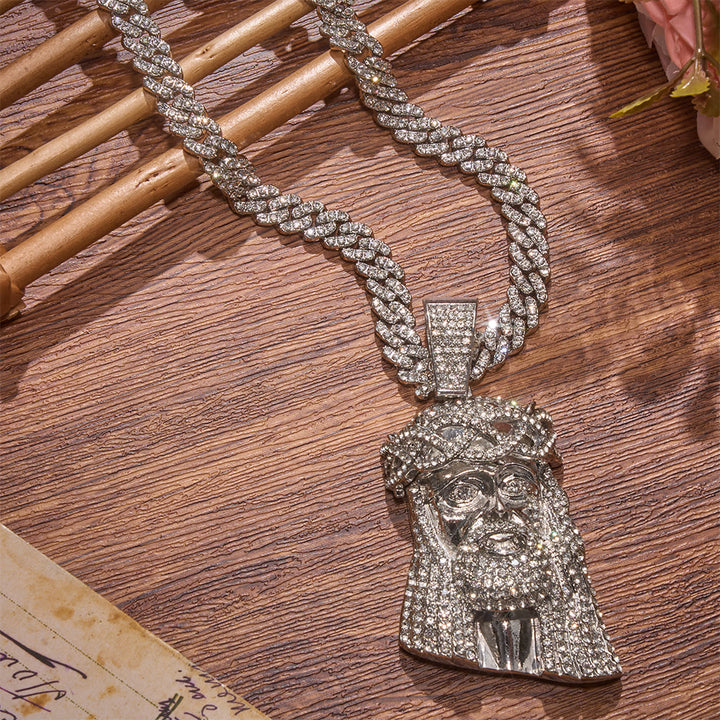Christianartworkshop Iced‑Out Crown Thorns Jesus Head Pendant Cuban Chain: Emblem of Enduring Divine Fortitude - Silver - 24''/60cm - image 3