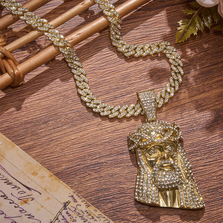 Christianartworkshop Iced‑Out Crown Thorns Jesus Head Pendant Cuban Chain: Emblem of Enduring Divine Fortitude - Golden - 24''/60cm - image 0