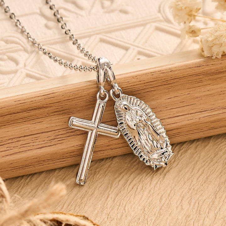 Christianartworkshop Sculpted Sacred Figure Pendant Chain Necklace: Icon of Peaceful Inner Meditation - Silver - Cross&Our Lady - image 7