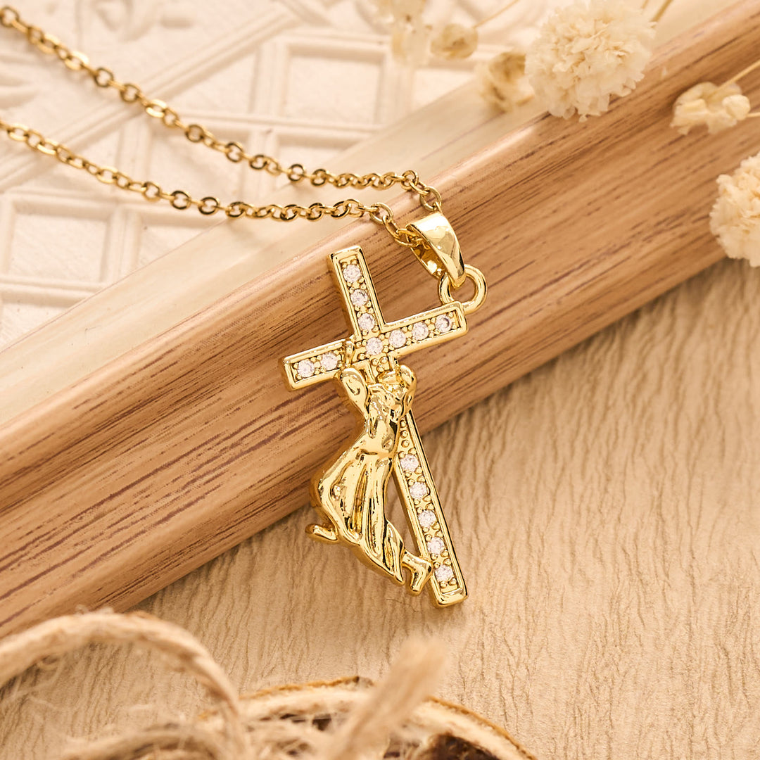 Christianartworkshop Sculpted Sacred Figure Pendant Chain Necklace: Icon of Peaceful Inner Meditation - Golden - Cross - image 0