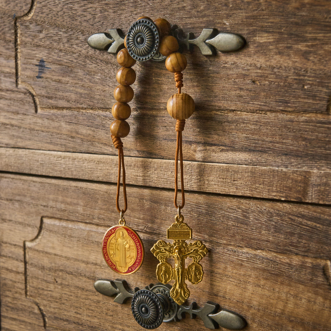 Christianartworkshop Olive Wood Bead Pocket Rosary Car Hanging Ornament: Emblem of Abiding Heavenly Protection - St.Benedict&Crucifix - image 0