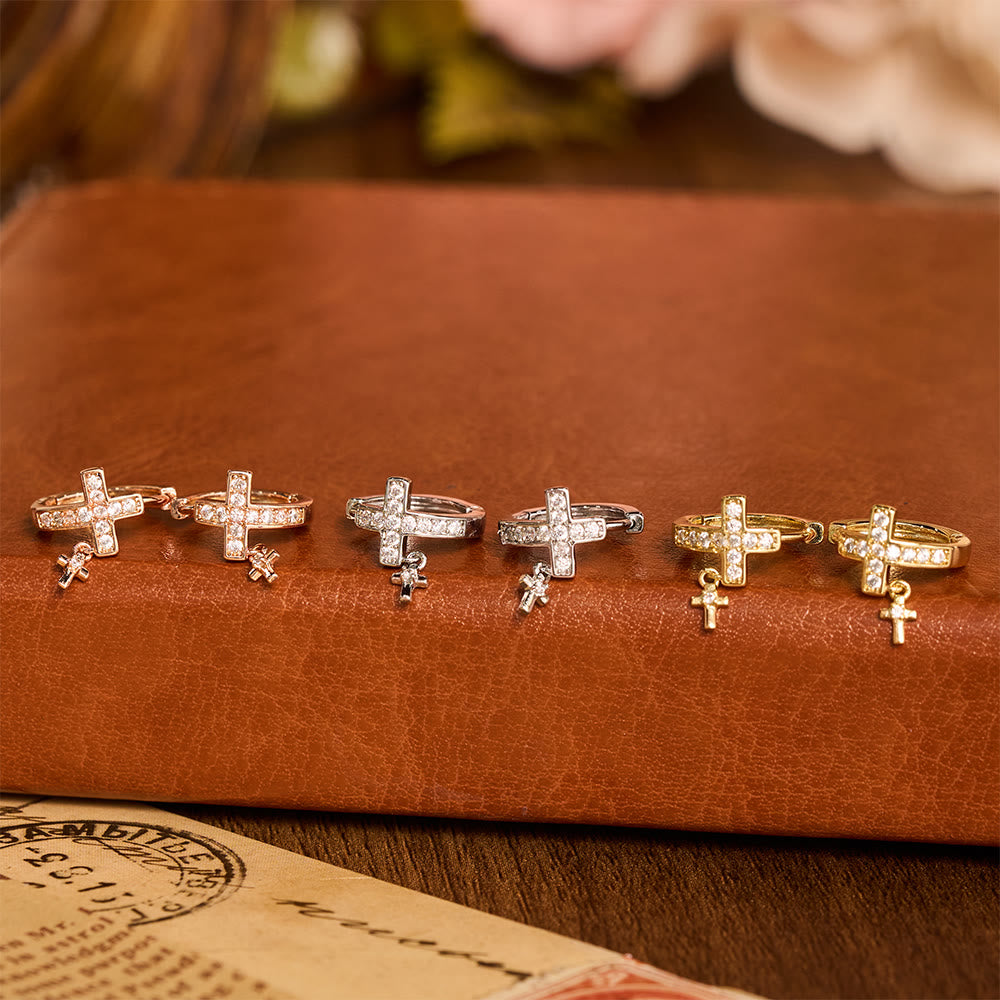 Christianartworkshop Double Cross Paved Crystal Hoop Earrings: Emblem of Gentle Heavenly Blessings - image 1