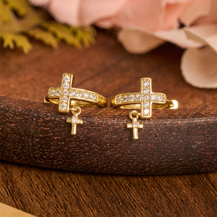 Christianartworkshop Double Cross Paved Crystal Hoop Earrings: Emblem of Gentle Heavenly Blessings - Golden - image 6
