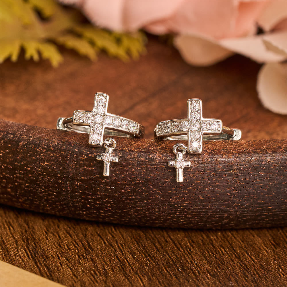 Christianartworkshop Double Cross Paved Crystal Hoop Earrings: Emblem of Gentle Heavenly Blessings - Silver - image 0