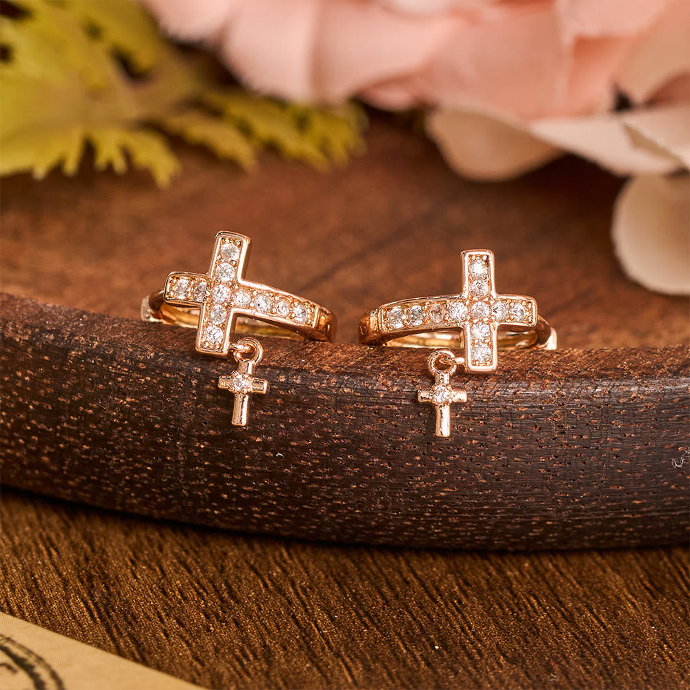 Christianartworkshop Double Cross Paved Crystal Hoop Earrings: Emblem of Gentle Heavenly Blessings - Champagne - image 4