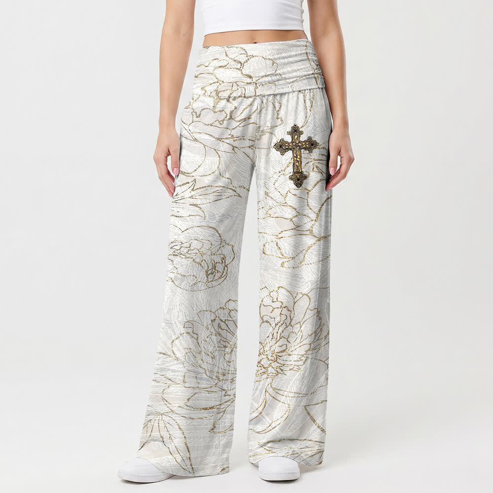 Christianartworkshop Ivory Floral Line Art Smocked Waist Women's Wide Leg Pants - image 1