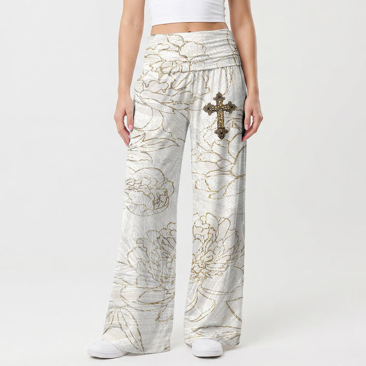 Christianartworkshop Ivory Floral Line Art Smocked Waist Women's Wide Leg Pants - image 1