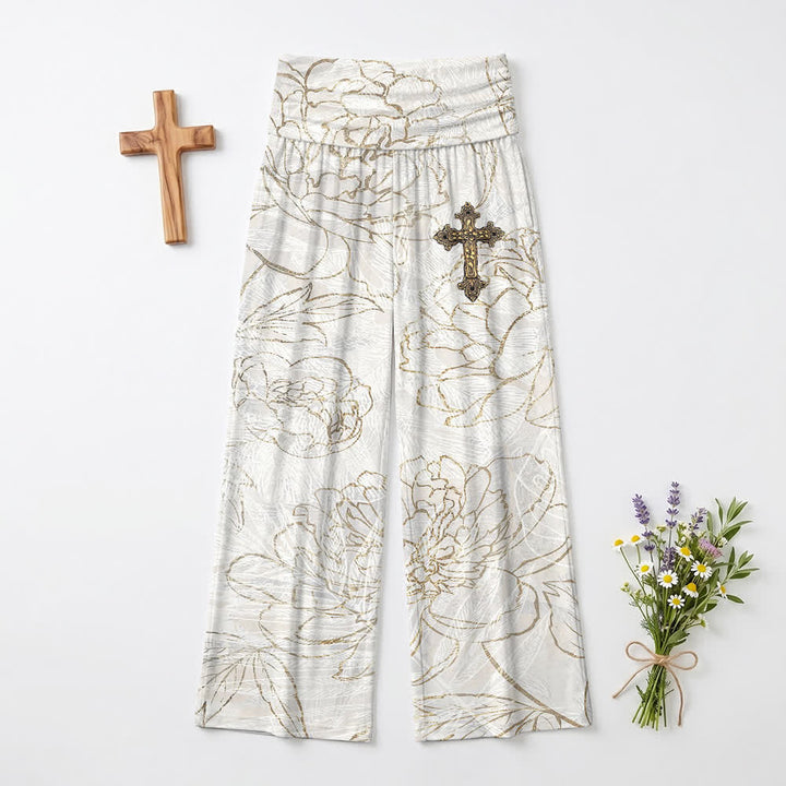 Christianartworkshop Ivory Floral Line Art Smocked Waist Women's Wide Leg Pants - US22,UK/AU26,EU54 - image 0