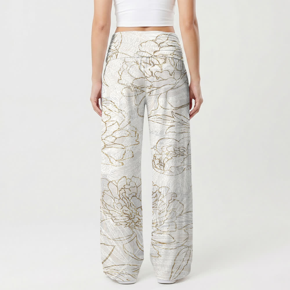 Christianartworkshop Ivory Floral Line Art Smocked Waist Women's Wide Leg Pants - image 2