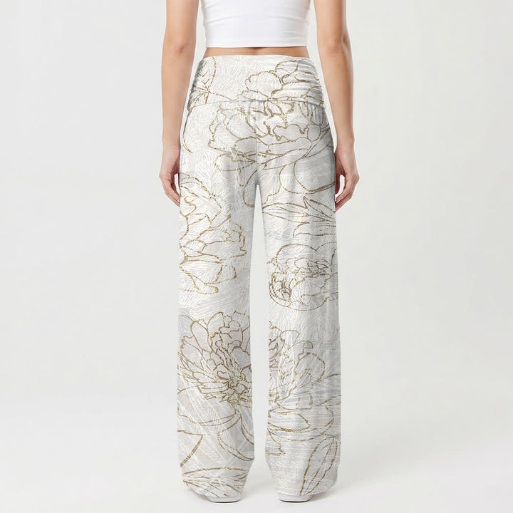 Christianartworkshop Ivory Floral Line Art Smocked Waist Women's Wide Leg Pants - image 2