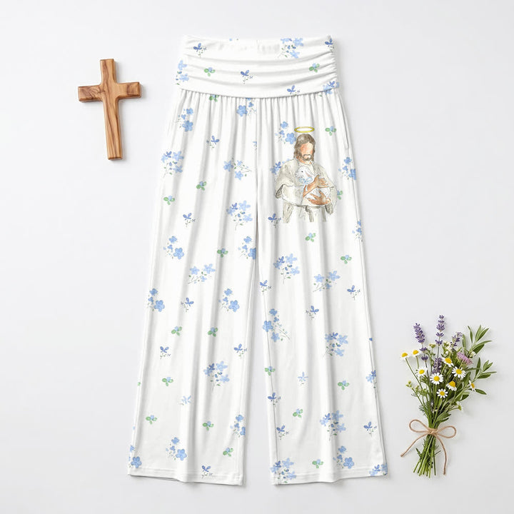 Christianartworkshop Blue Floral Sacred Art Women's Wide Leg Pants - US22,UK/AU26,EU54 - image 0