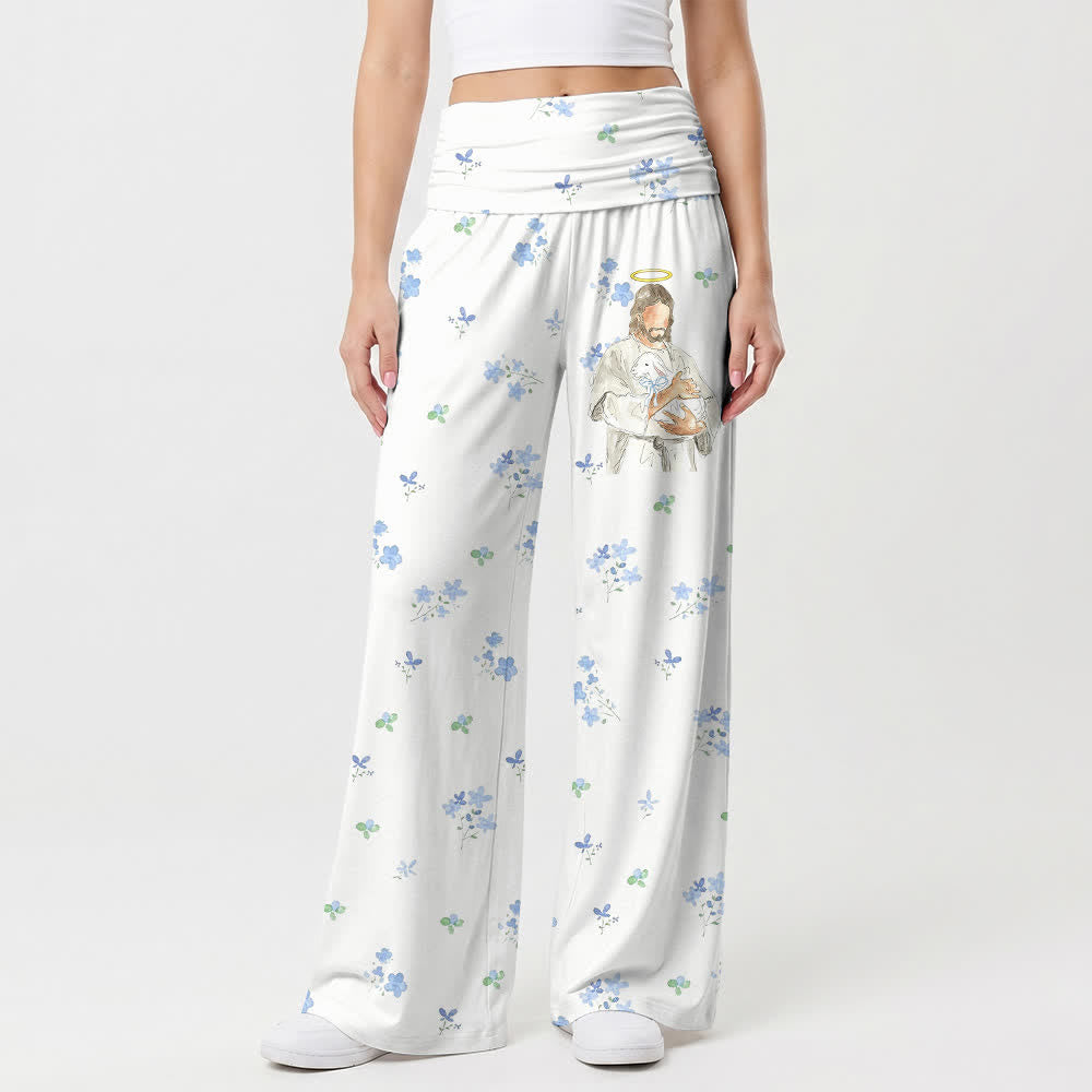 Christianartworkshop Blue Floral Sacred Art Women's Wide Leg Pants - image 1