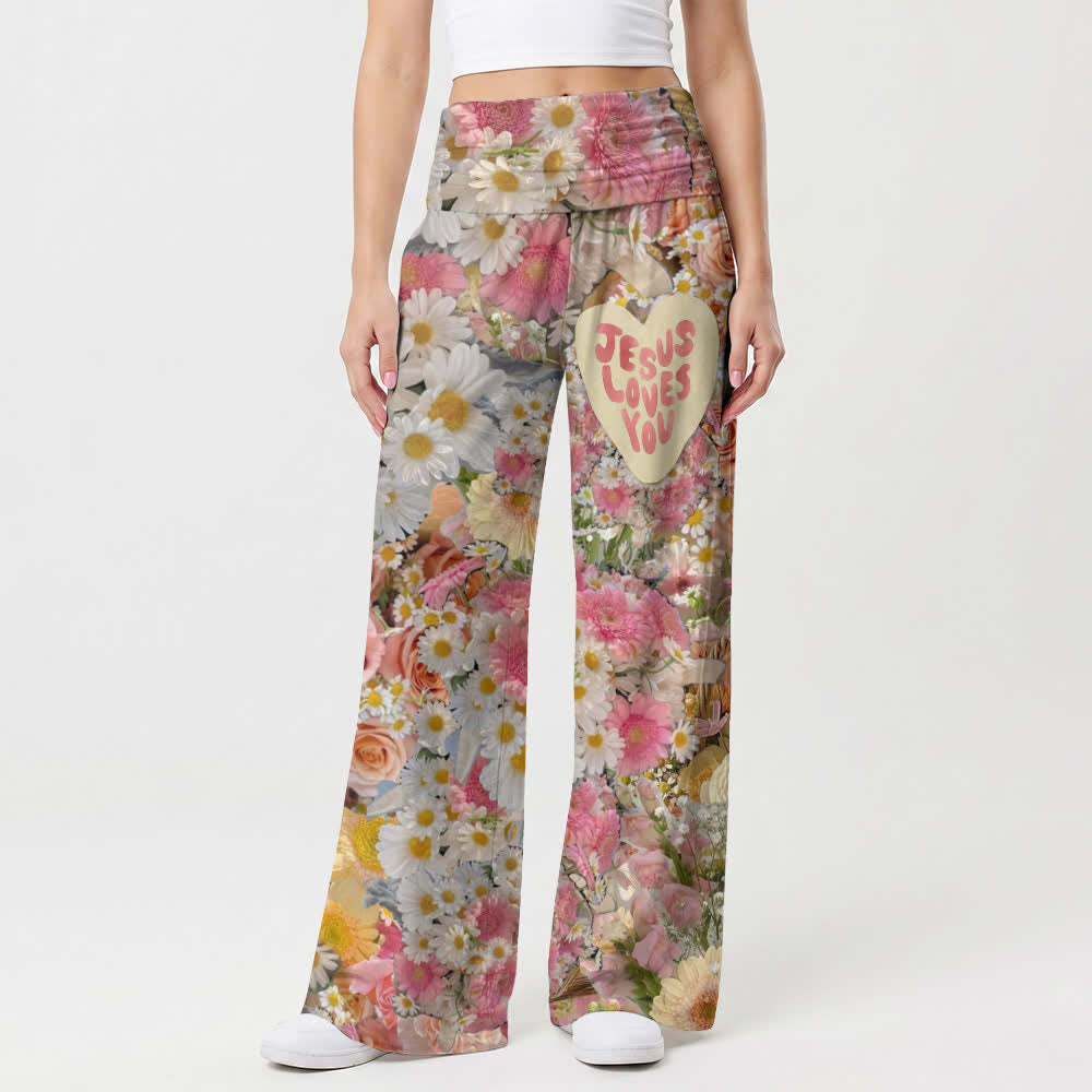 Christianartworkshop Blush Floral Jesus Loves You Palazzo Wide Leg Pants - image 1