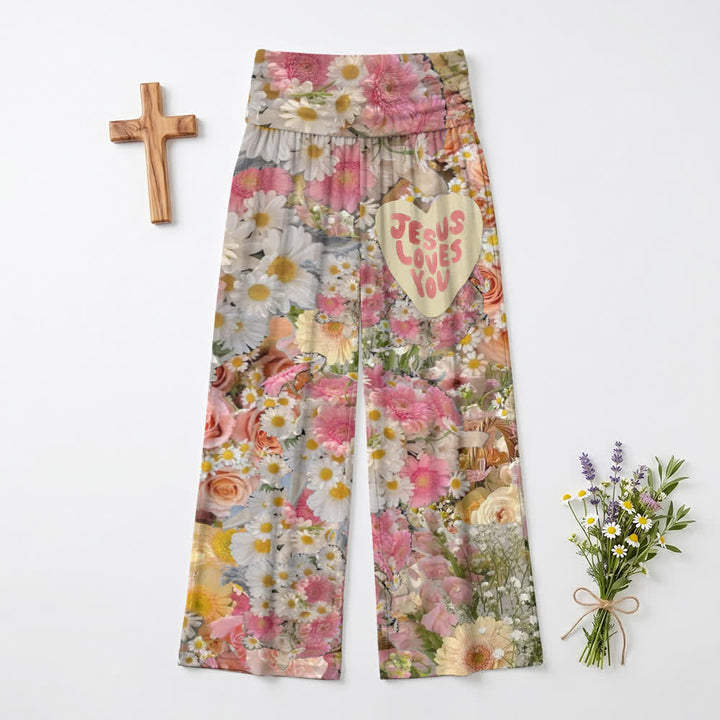 Christianartworkshop Blush Floral Jesus Loves You Palazzo Wide Leg Pants - US22,UK/AU26,EU54 - image 0