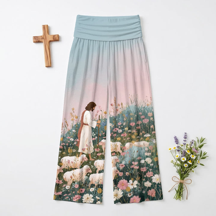 Christianartworkshop Pastoral Bloom Foldover High Waist Women's Wide Leg Pants - US22,UK/AU26,EU54 - image 0