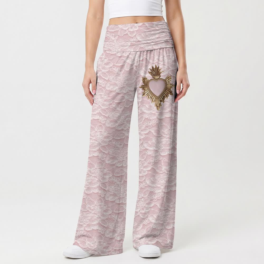 Christianartworkshop Blush Lace Print Sacred Heart Women's Wide Leg Pants - image 1