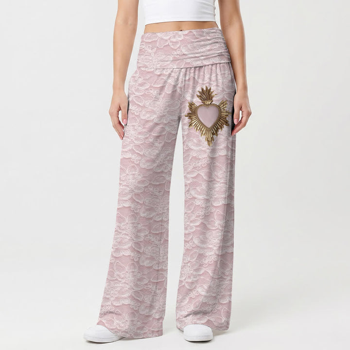 Christianartworkshop Blush Lace Print Sacred Heart Women's Wide Leg Pants - image 1
