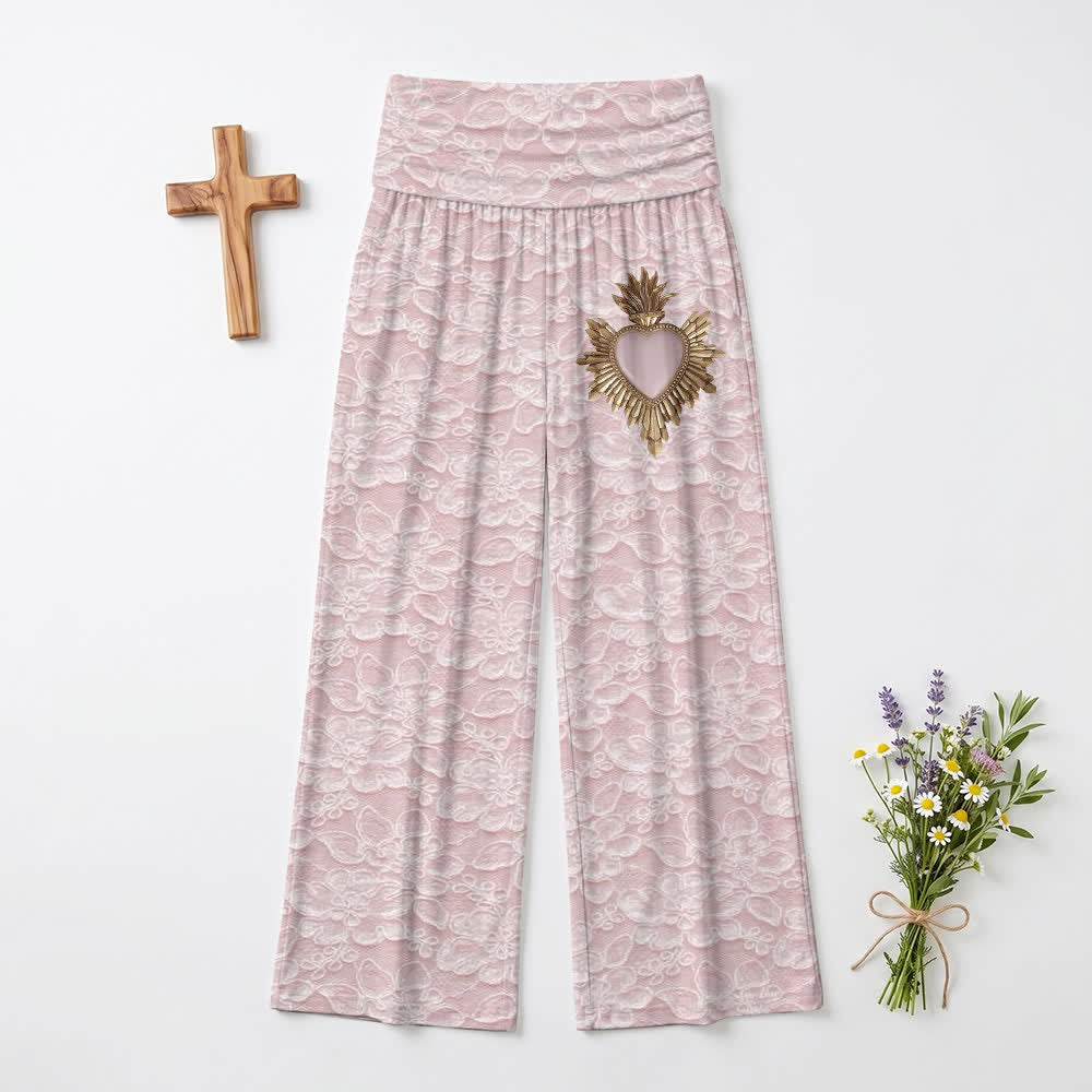 Christianartworkshop Blush Lace Print Sacred Heart Women's Wide Leg Pants - US22,UK/AU26,EU54 - image 0