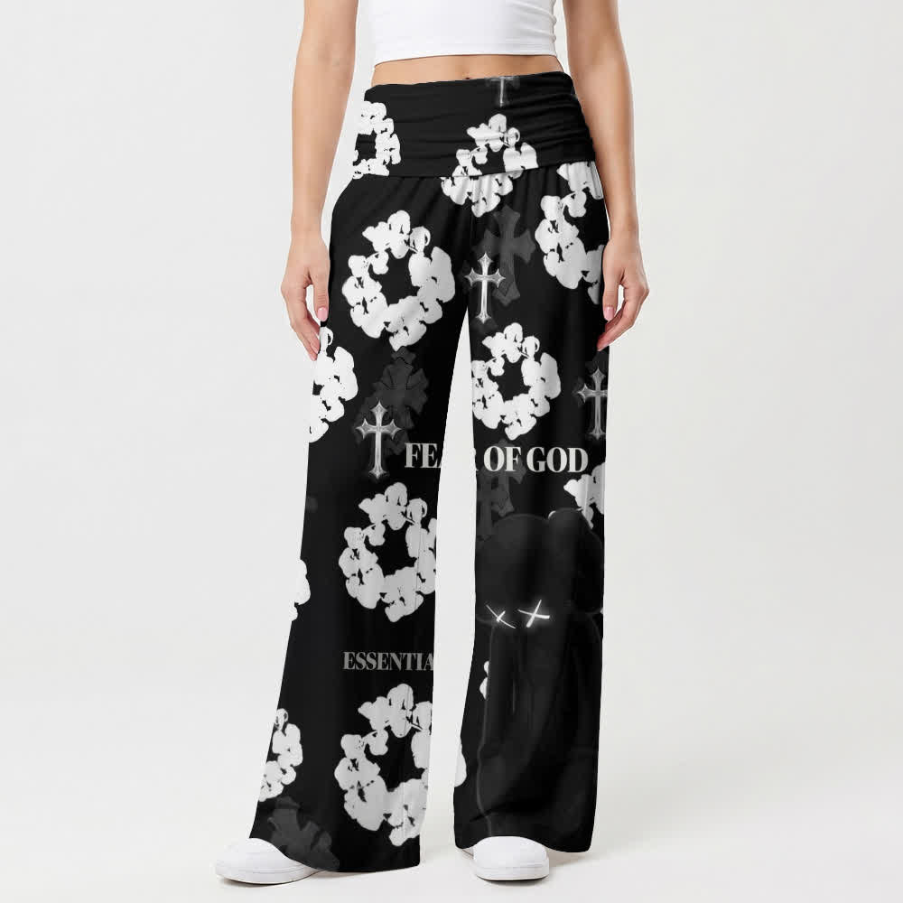 Christianartworkshop Monochrome Cross And Floral Graphic Women's Wide Leg Pants - image 1