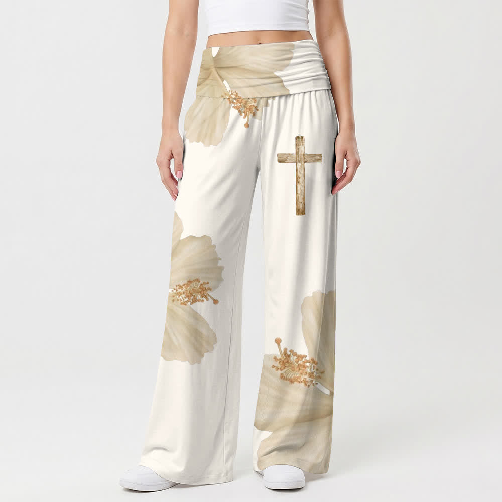 Christianartworkshop Beige Floral Cross Boho Flowing Women's Wide Leg Pants - image 1