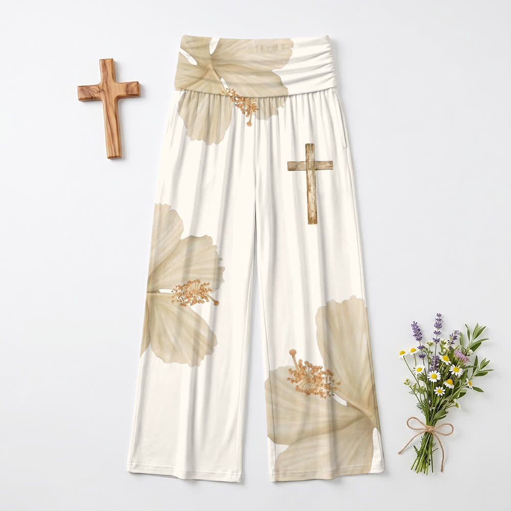 Christianartworkshop Beige Floral Cross Boho Flowing Women's Wide Leg Pants - US22,UK/AU26,EU54 - image 0