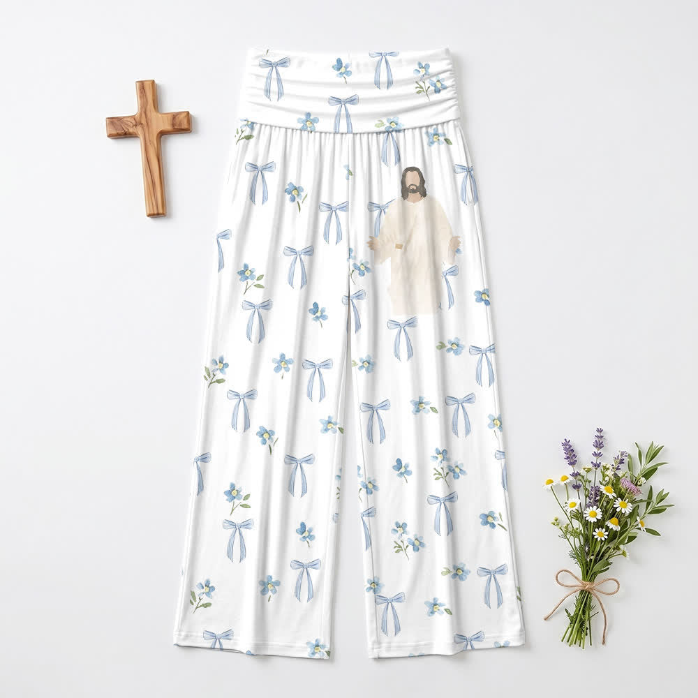 Christianartworkshop Blue Bow Floral Lounge Women’s Wide Leg Pants - US22,UK/AU26,EU54 - image 0