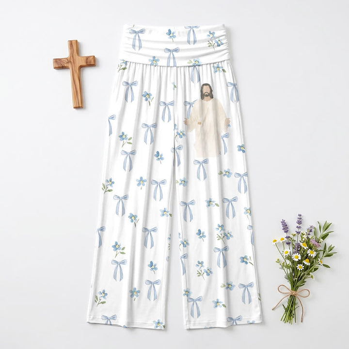 Christianartworkshop Blue Bow Floral Lounge Women’s Wide Leg Pants - US22,UK/AU26,EU54 - image 0