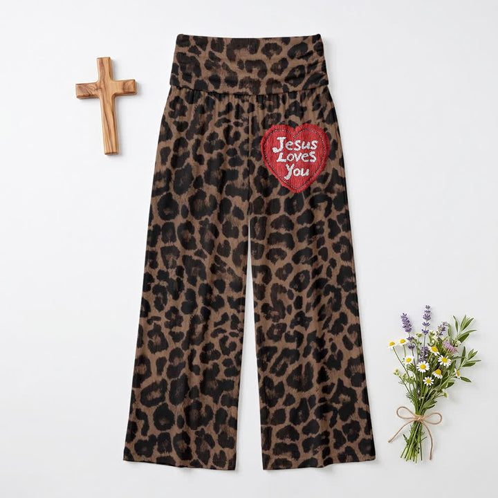 Christianartworkshop Jesus Loves You Leopard Print High Waist Women's Wide Leg Pants - US22,UK/AU26,EU54 - image 0