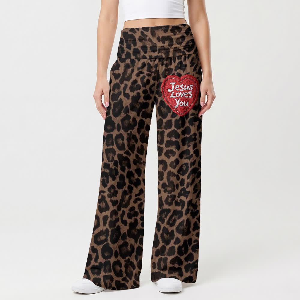 Christianartworkshop Jesus Loves You Leopard Print High Waist Women's Wide Leg Pants - image 1