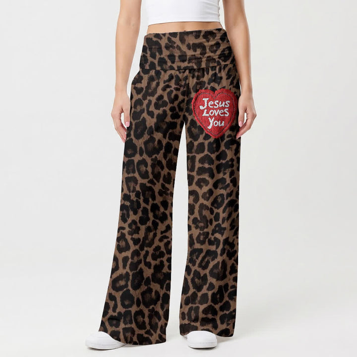 Christianartworkshop Jesus Loves You Leopard Print High Waist Women's Wide Leg Pants - image 1