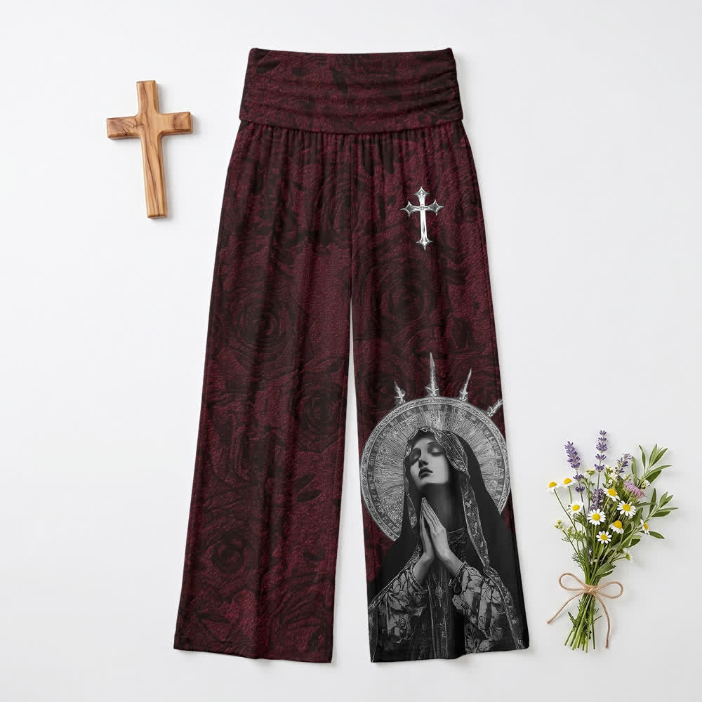 Christianartworkshop Gothic Madonna Cross Wine Red Women's Wide Leg Pants - US22,UK/AU26,EU54 - image 0