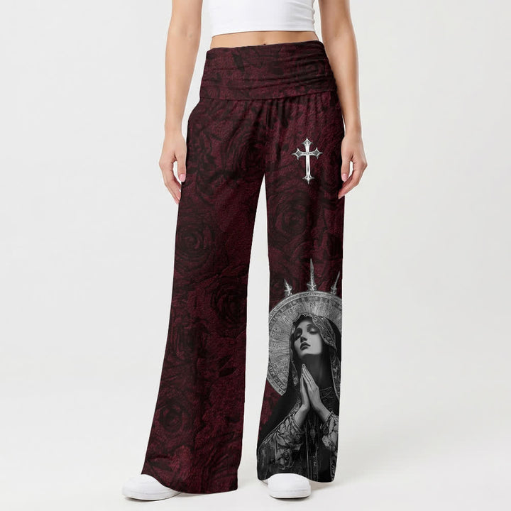 Christianartworkshop Gothic Madonna Cross Wine Red Women's Wide Leg Pants - image 1