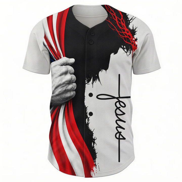 Christianartworkshop Crown Of Thorns Jesus Silhouette Patriotic Unisex Baseball Jersey - image 1