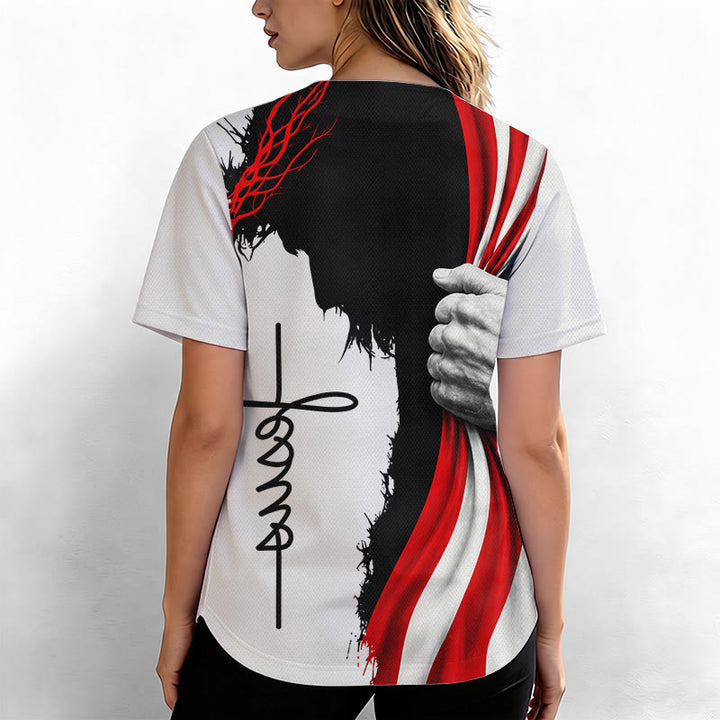 Christianartworkshop Crown Of Thorns Jesus Silhouette Patriotic Unisex Baseball Jersey - image 6