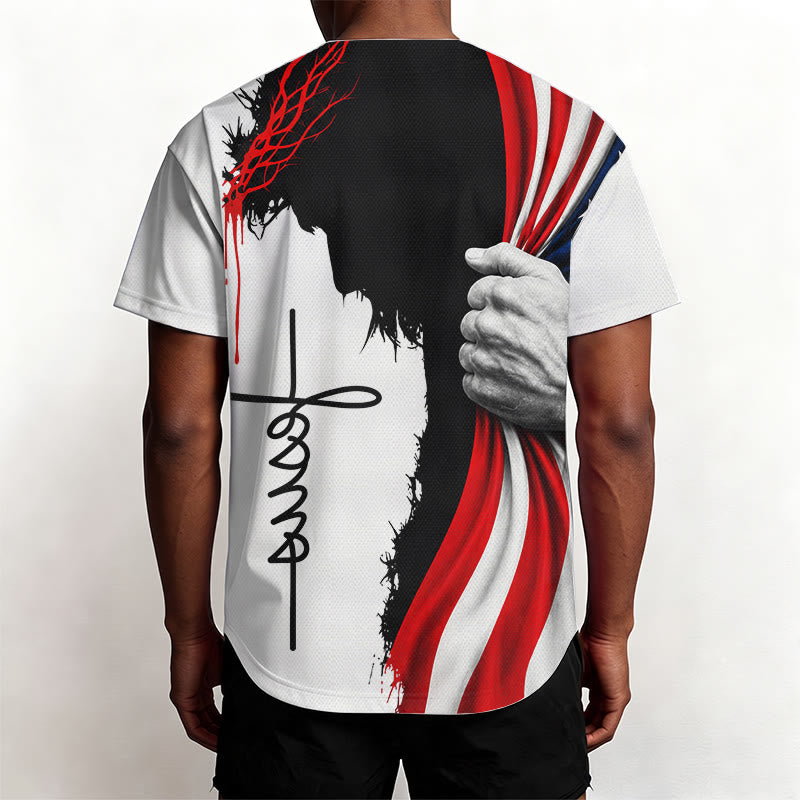 Christianartworkshop Crown Of Thorns Jesus Silhouette Patriotic Unisex Baseball Jersey - image 4