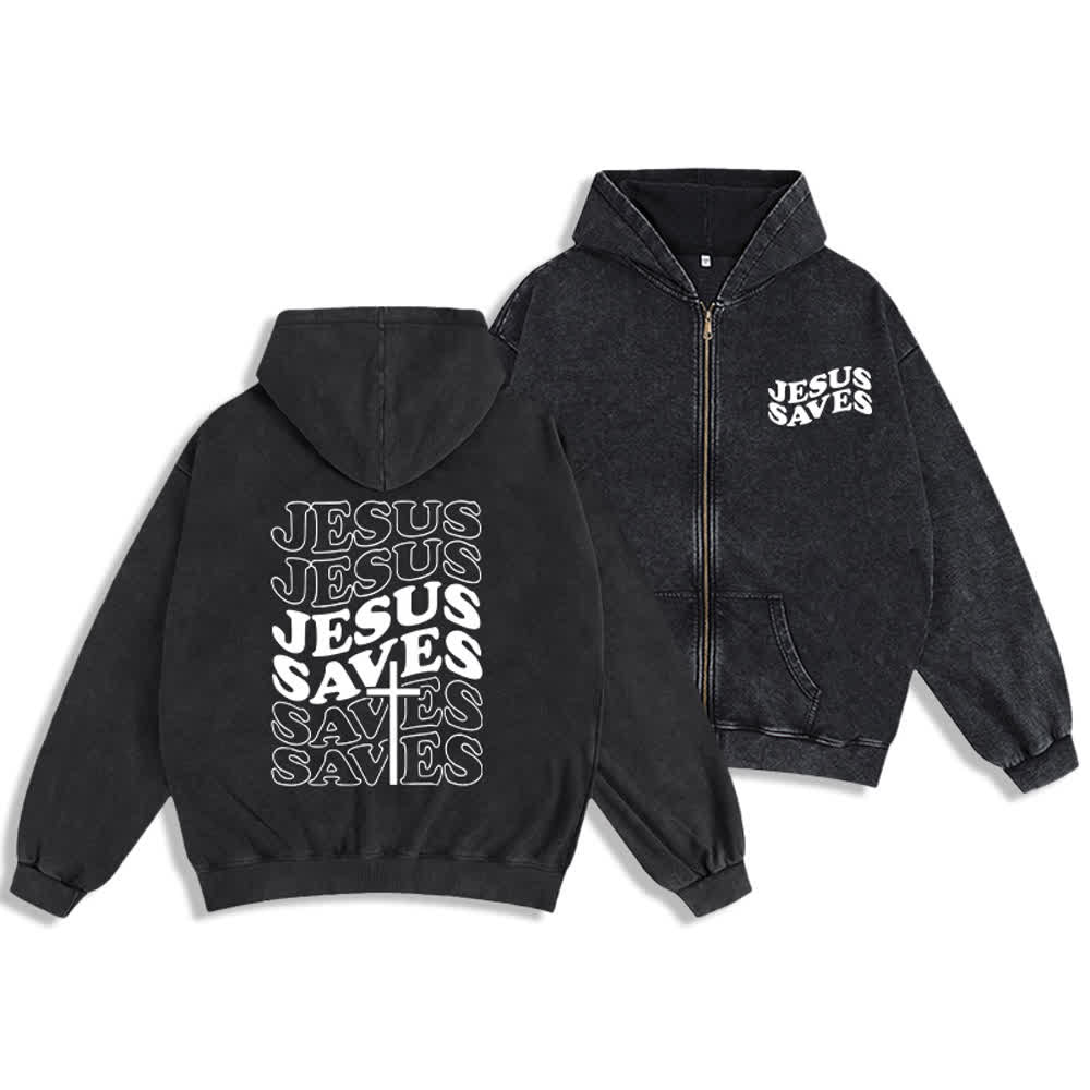Christianartworkshop Jesus Saves Washed Street Zip-Up Hooded Jacket - Black - 2XL - image 0
