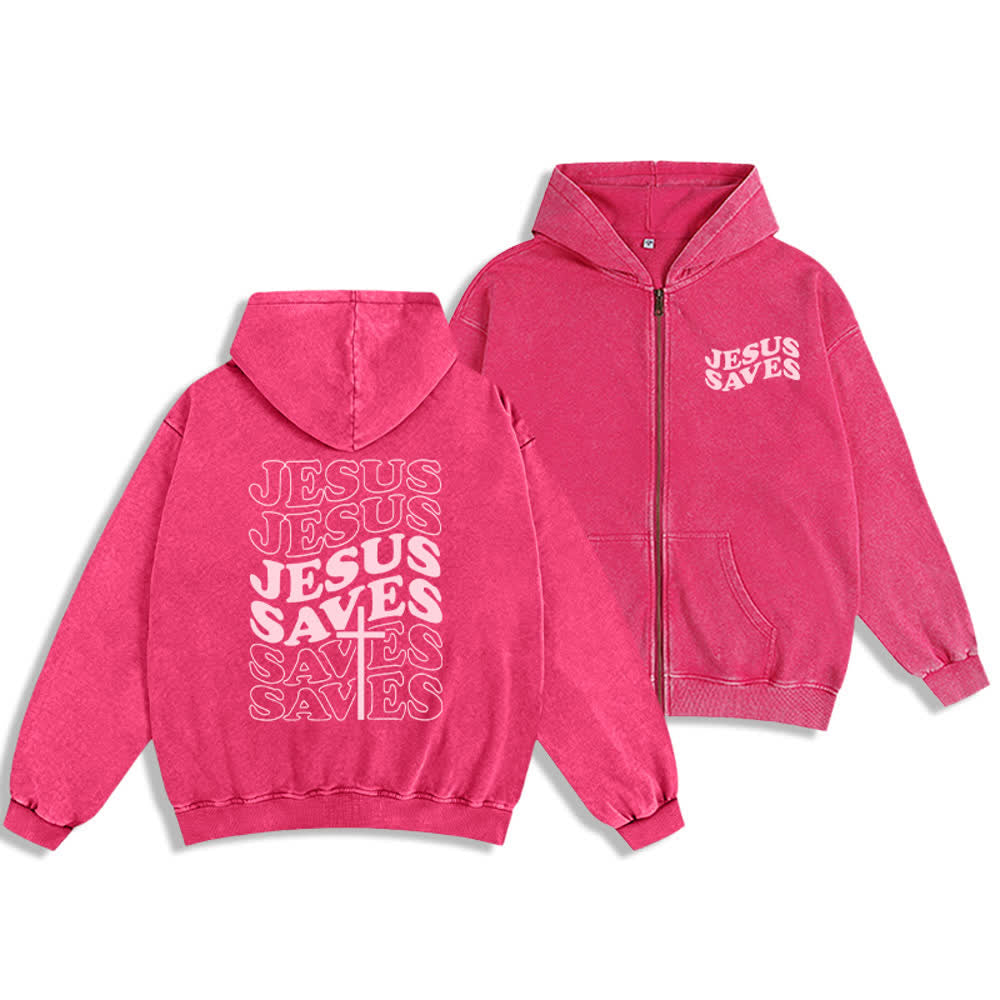 Christianartworkshop Jesus Saves Washed Street Zip-Up Hooded Jacket - Pink - 2XL - image 9