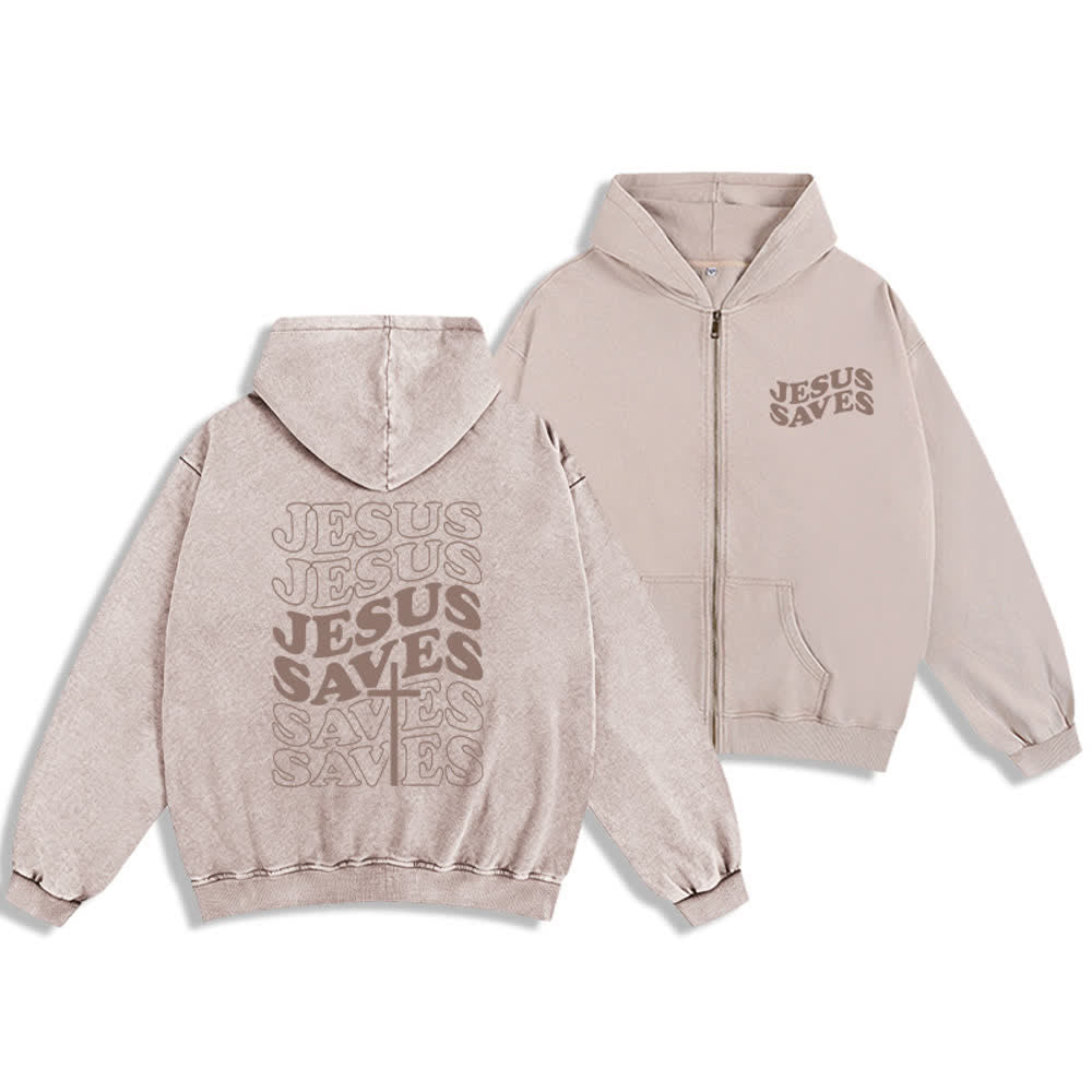 Christianartworkshop Jesus Saves Washed Street Zip-Up Hooded Jacket - Beige - 2XL - image 12