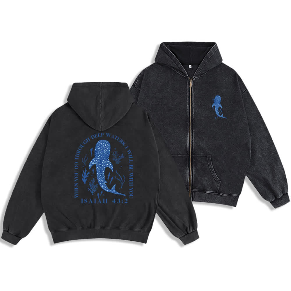 Christianartworkshop Washed Black Isaiah 43:2 Whale Shark Zip-Up Hooded Jacket - Black - 2XL - image 0