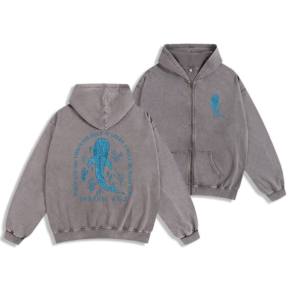 Christianartworkshop Washed Black Isaiah 43:2 Whale Shark Zip-Up Hooded Jacket - Gray - 2XL - image 3