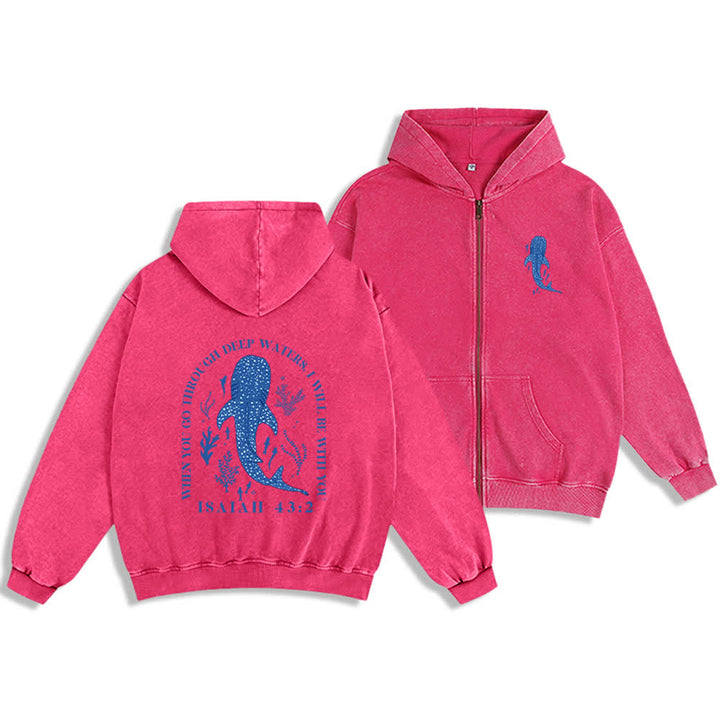 Christianartworkshop Washed Black Isaiah 43:2 Whale Shark Zip-Up Hooded Jacket - Pink - 2XL - image 9