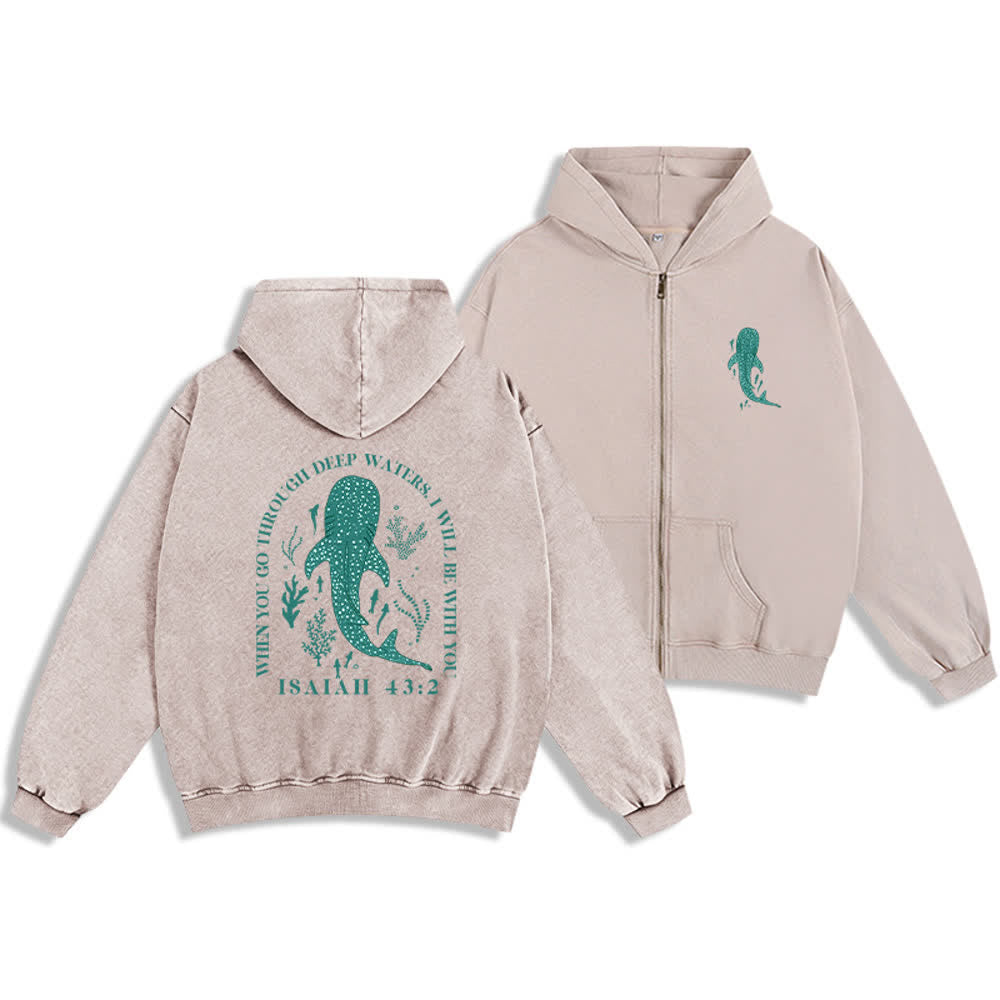 Christianartworkshop Washed Black Isaiah 43:2 Whale Shark Zip-Up Hooded Jacket - Beige - 2XL - image 12