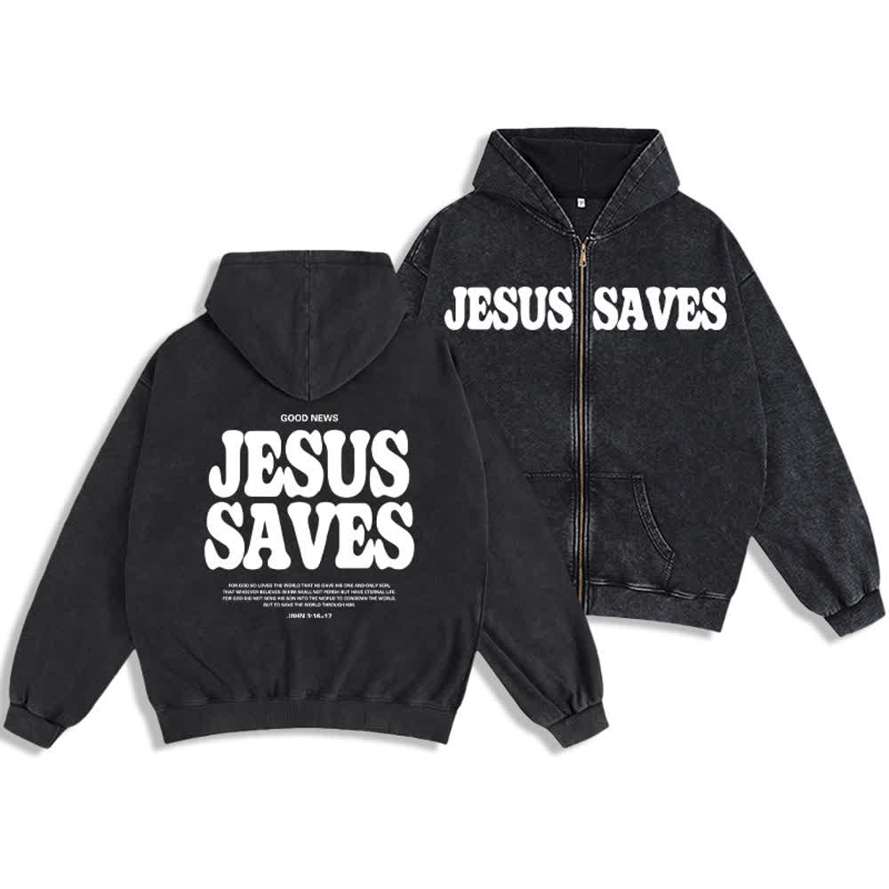Christianartworkshop Jesus Saves Washed Oversized Streetwear Hooded Jacket - Black - 2XL - image 3