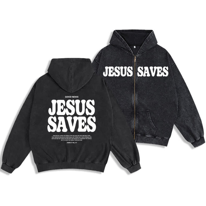 Christianartworkshop Jesus Saves Washed Oversized Streetwear Hooded Jacket - Black - 2XL - image 3
