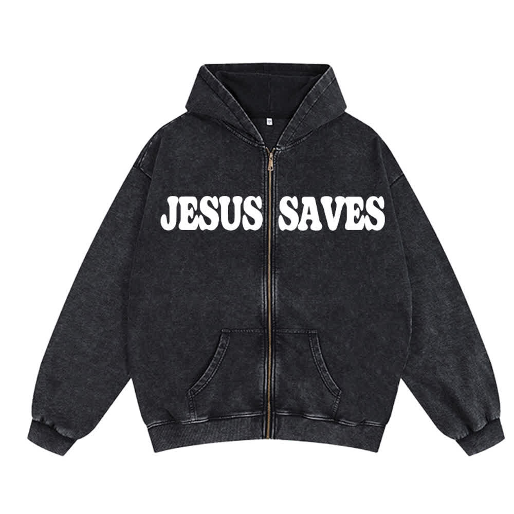 Christianartworkshop Jesus Saves Washed Oversized Streetwear Hooded Jacket - Gray - 2XL - image 5