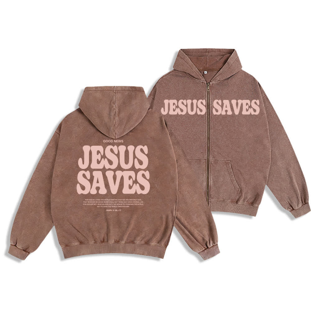Christianartworkshop Jesus Saves Washed Oversized Streetwear Hooded Jacket - Brown - 2XL - image 0