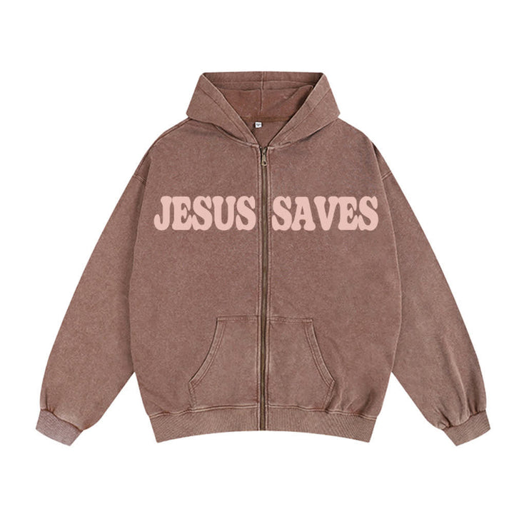 Christianartworkshop Jesus Saves Washed Oversized Streetwear Hooded Jacket - image 2