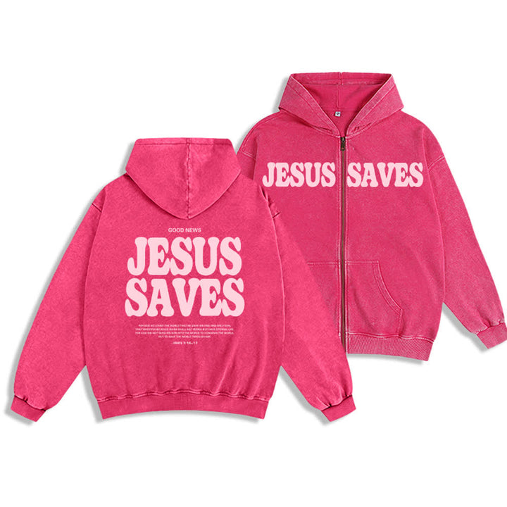 Christianartworkshop Jesus Saves Washed Oversized Streetwear Hooded Jacket - Pink - 2XL - image 9
